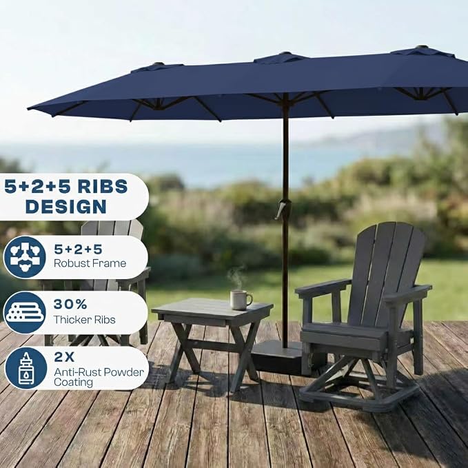 15FT Large Patio Umbrella with Base Included, Double Sided Outdoor Market Umbrella with Flexible Fiberglass Ribs, UV-Blocking Extra Large Umbrella for Garden, Pool, Deck, Navy Blue