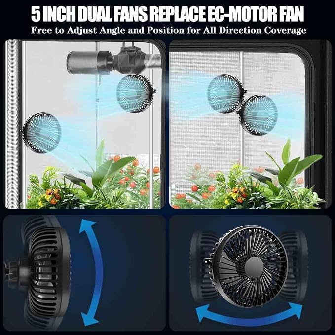 5” Grow Tent Clip Two Fans with Adjustable Clamp, 3-Speed Strong Quiet Airflow, Compatible with Timer Thermostat & Smart Plug for Plant Greenhouse Seedling Hydroponics Circulation Cooling