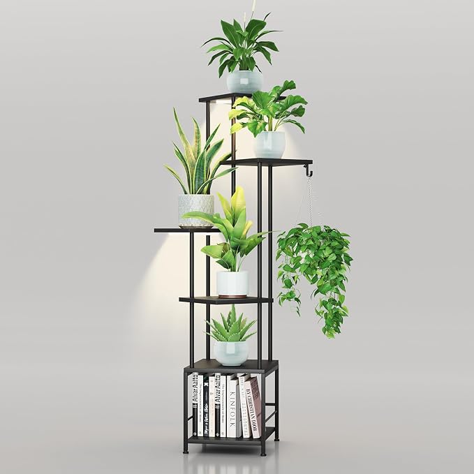 Homsorout Plant Stand Indoor with Grow Light - 6-Tier Metal Plant Shelf with Hanging Basket Hook, Corner Tall Flower Holder for Multiple Plants, Living Room Balcony Garden Patio, Black