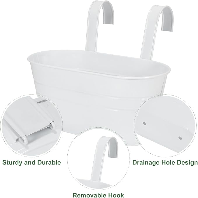 HowRU Metal Iron Flower Pots for Railing Fence Hanging Bucket Pots(5 Pcs) and Hanging Flower Pots Metal Iron Bucket Planter(10 Pcs) (White)