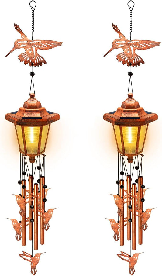 2 Pack Solar Hummingbird Wind Chimes, Gifts for Women Mom Grandma Wife Sister Daughter Neighbor, Classic Bronze Wind Chimes with Wind Catcher, Solar Decor Lights for Outdoor Garden Patio Porch Window