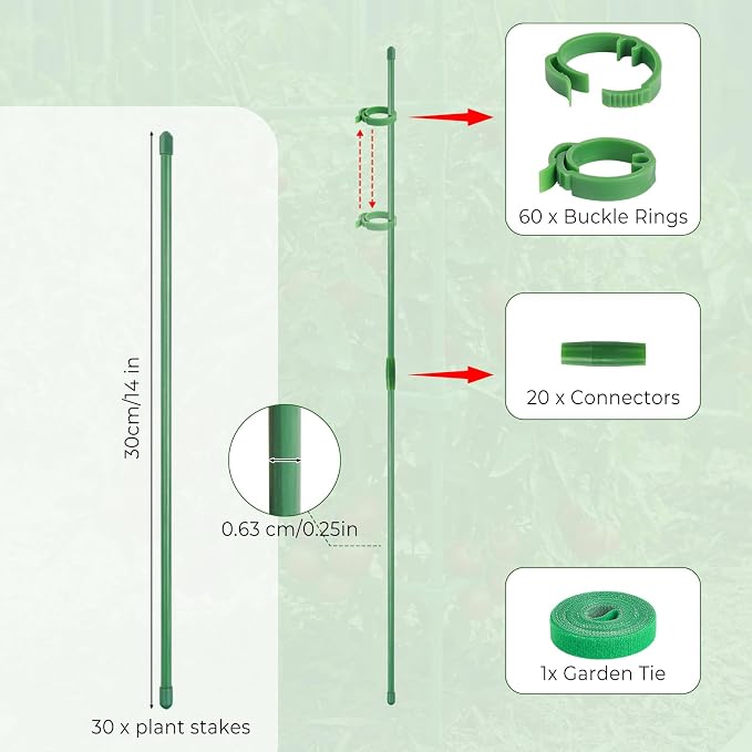 30 Pcs Plant Support Stakes Height Adjustable (17.7, Inches) | Garden Single Stem Plant Stake with 60 Pcs Plant Clips and 20 Pcs Connect Pipe for Orchid Rose Peony Peppers Amaryllis Tomato
