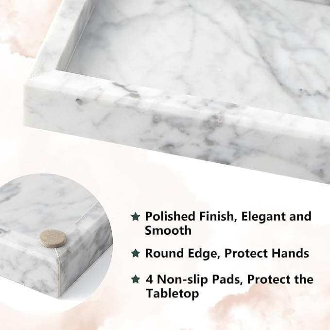 Real Natural Marble Tray for Bathroom, Vanity, Kitchen and Desktop, Rectangle Genuine Marble Stone Tray for Jewelry, Cosmetics, Candles, Lotion, Perfume and Home Decor, 12"x5" Size