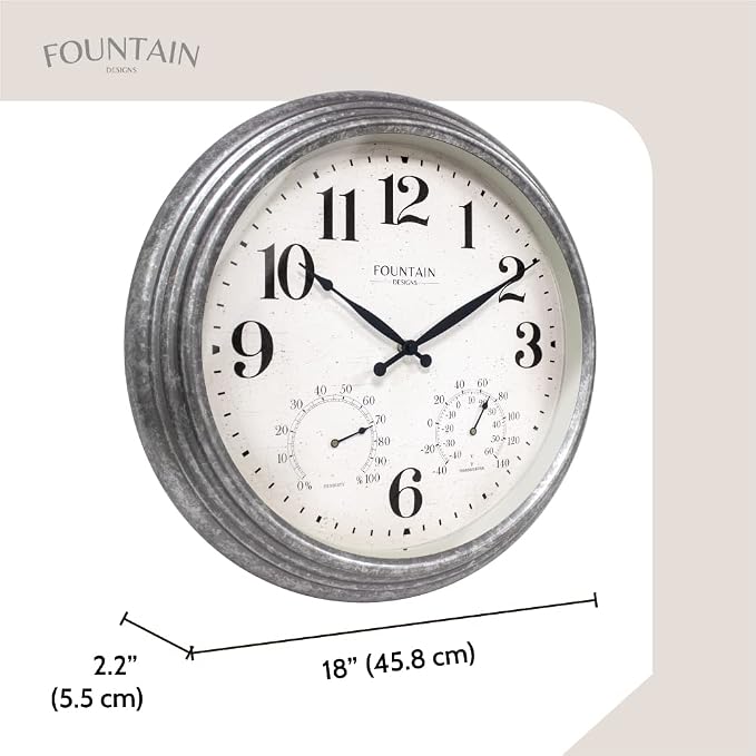 18 Inch Outdoor Clocks for Patio Large Waterproof with Thermometer, Large Wall Clock with Temperature and Humidity Combo,Weatherproof for Pool Decor,Galvanized Finish