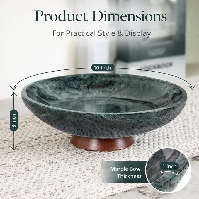 Decorative Marble Bowl Green - Handcrafted Natural Stone on Acacia Wood Pedestal - Versatile 10" Catch‑All Centrepiece for Home Decor - Entryway, Dining Table, Kitchen Fruit Bowl, Key Holder (Green)