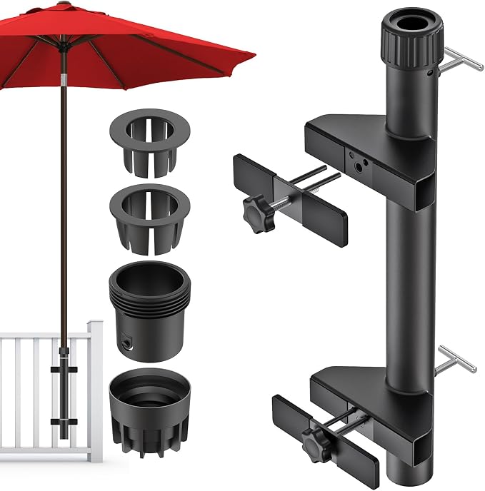 Dolibest Heavy-Duty Railing Umbrella Mount, Fits 1“-1.9” Poles, All-Welded Steel Mount Umbrella Holder with Sleeves, Space-Saving Deck Umbrella Holder, Outdoor Shade Holder for Porch & Patio, Black