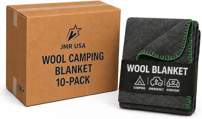 Wool Camping Blanket 10-Pack - 70% Wool Heavy-Duty Military Style Throw, Warm & Washable, Fire Retardant Cover for Emergency, Survival & Outdoor Use - For Camping, Car, Home & Hiking, Grey 62x84