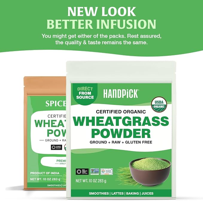 HANDPICK USDA Organic Wheatgrass Powder (10oz) Rich Green Powder - Lab Tested | 100% Whole Leaf | Gluten Free, Non-GMO | No Sugar, No Artificial Ingredients | Resealable Pouch (Packaging may vary)