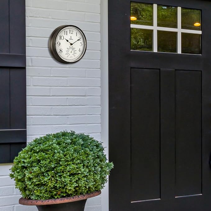 Outdoor Clocks for Patio Waterproof with Thermometer — Black 9.5 Inch Indoor Outdoor Wall Clock with Temperature Display — Weatherproof, Accurate & Easy to Read for Pool, Garden & Home Decor