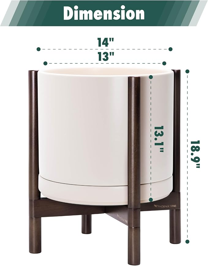 D'vine Dev Ceramic Planter with Walnut Color Stand - 14 Inch Modern Round Flower Pot with Wood Planter Holder, Oatmeal, 55-B-T-8