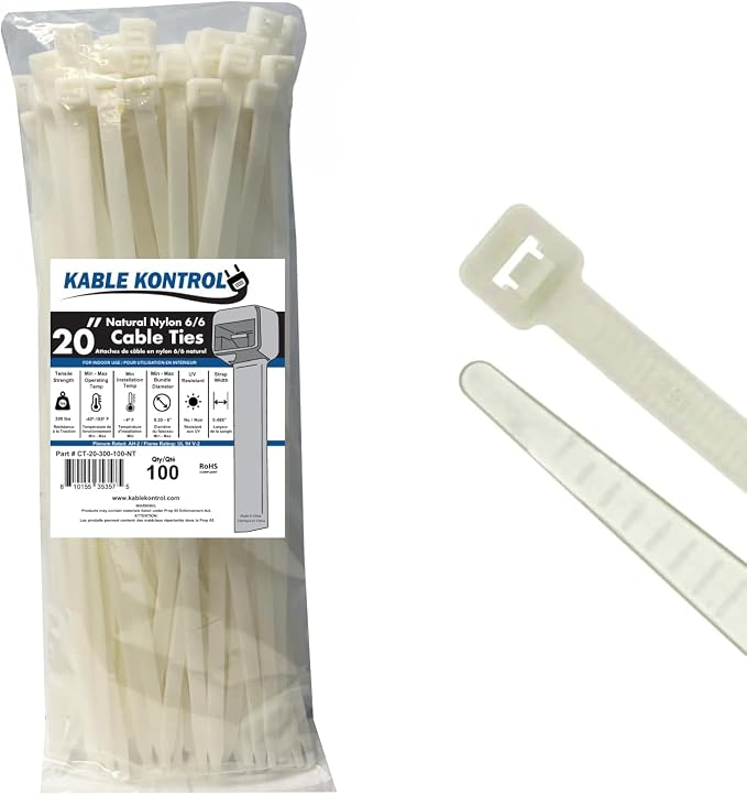 Kable Kontrol Zip Ties Natural White 20 Inch 100 Pcs, 300 Lbs Tensile Strength, Self-locking Nylon Cable Ties Wire Wraps for Indoor or Outdoor Use