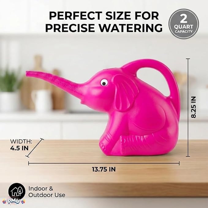 PMU 12Pcs 2-Quart Elephant Watering Can – Durable Plastic Garden Watering Can for Indoor & Outdoor Plants, Easy-Pour Spout, Large Water Pot, Pink