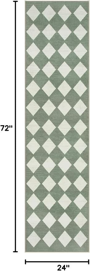 Lahome Zelie Checkered Washable 2x6 Green Runners for Hallways Non Slip, Ultra-Thin Kitchen Bathroom Runner Rugs, Moroccan Trellis Throw Carpet Runner for Bedroom Entryway Decor (2'x6',Green)