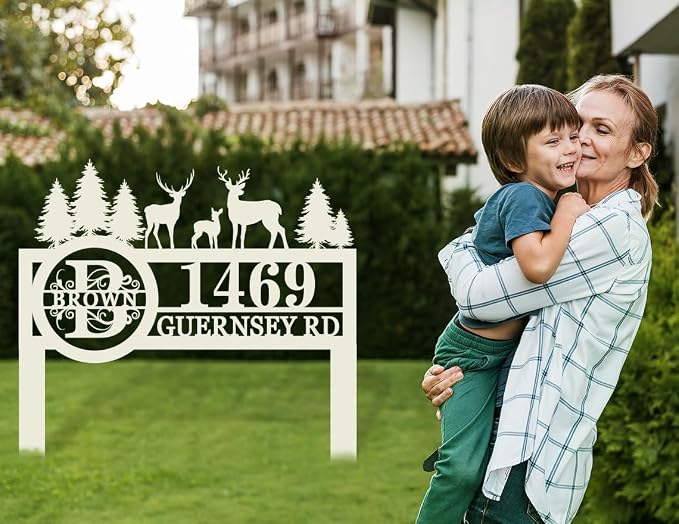 Personalized Deer Wildlife Decor for Outdoors, Custom Yard Address Sign with Metal Stake, Address House Number Signs with Last Name, Housewarming Gift