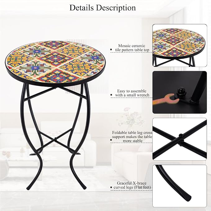 Mosaic Outdoor Side Table Small Round Patio Table Plant Stand | 21" Accent End Table with 14" Ceramic Tile Top for Small Spaces Porch Pool Garden Decor Indoor Living Room Bedroom Balcony