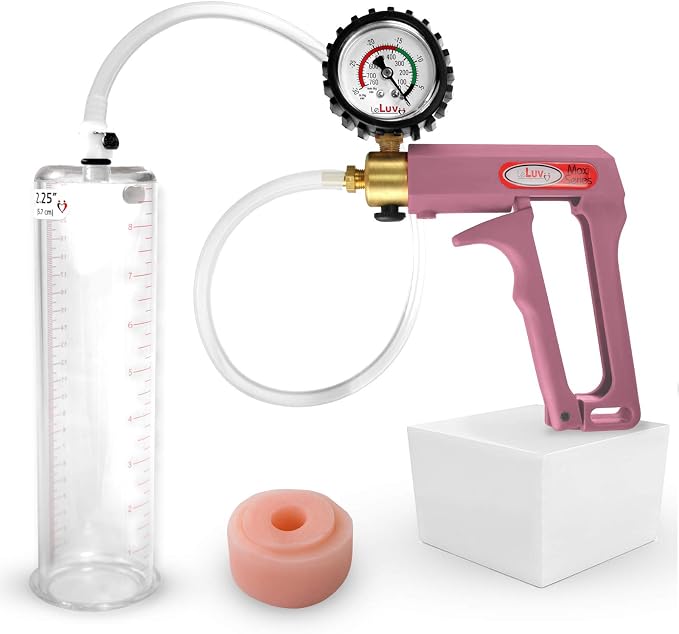 LeLuv Penis Pump Maxi Pink Nylon Handle + Protected Gauge - Bundle with Clear Hose, Silicone Donut Seal - 9 inch Length x 2.25 inch Diameter Cylinder