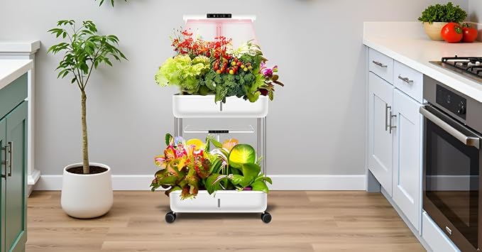 Indoor Hydroponic Garden System, 3-Tier Mobile Growing Cart with LED Lights, Adjustable Shelves, Black (2 Tiers_White)