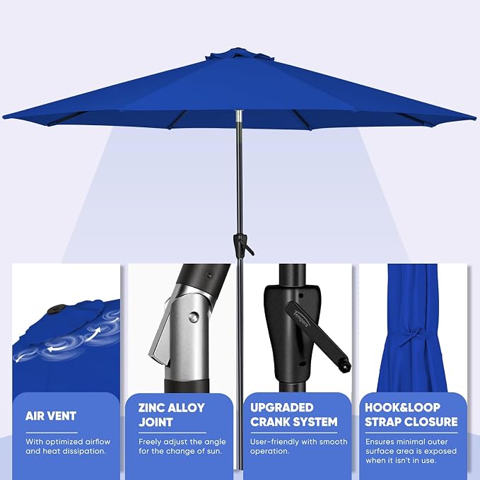 Tempera Patio Market Outdoor Table Umbrella with Auto Tilt and Crank, Large Sun Umbrella with Sturdy Pole & Fade Resistant Canopy, Easy to Set