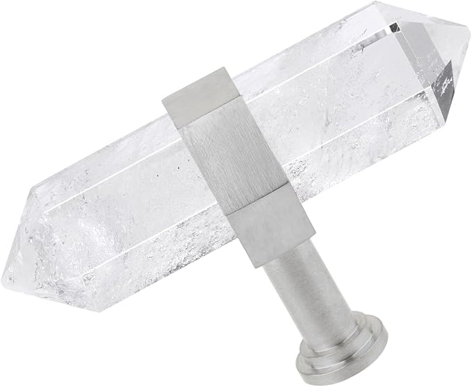 mookaitedecor Set of 2 Rock Quartz Double Crystal Points Drawer Knobs with Screws, Decorative Stone Cabinet Handle Pulls for Dresser Cupboard Kitchen Decor, Brushed Stainless Steel