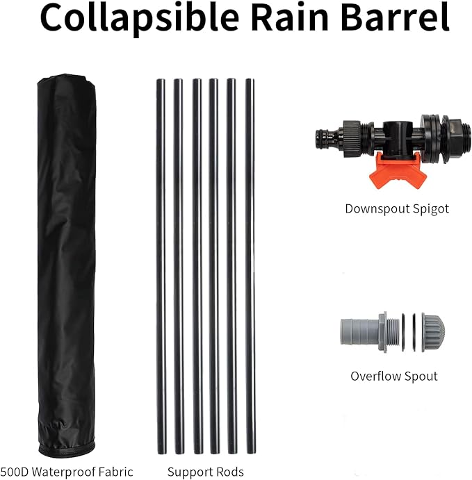 50 Gallon Collapsible Rain Barrel, Folding Water Storage Container, Portable Rain Collection, Water Storage Tank PVC for Garden Water Catcher with Screen Mesh Protector Black