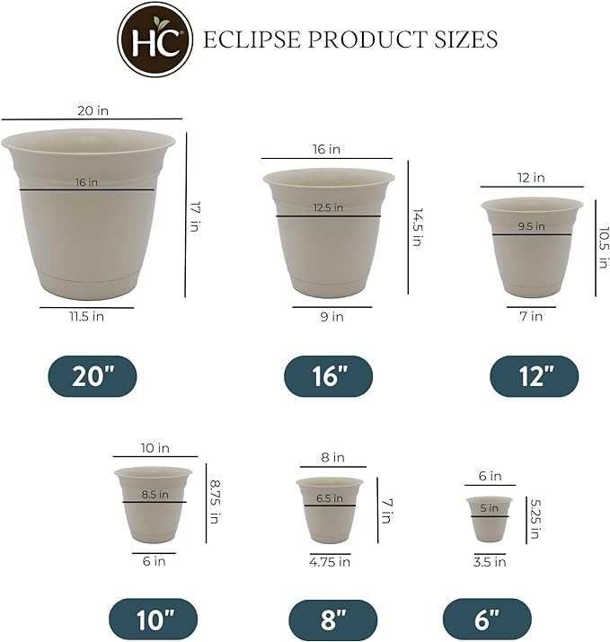 The HC Companies Eclipse Round Planter with Saucer - Outdoor & Indoor Plant Pot with Drainage Holes - Lightweight, UV-Resistant Plastic Pots for Plants, Flowers & Herbs (6” Cottage Stone, Pack of 1)