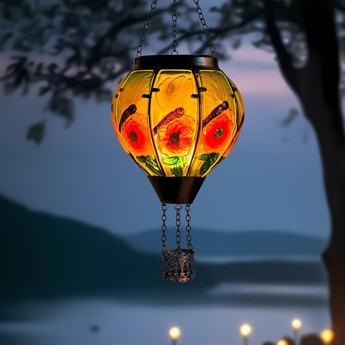 STARSOUL Dragonfly Solar Hot Air Balloon Lantern with Flickering Flame, Hanging Solar Lantern Outdoor Waterproof, Hot Air Balloon Solar Light Decorations for Garden Yard Lawn Porch Porch Backyard