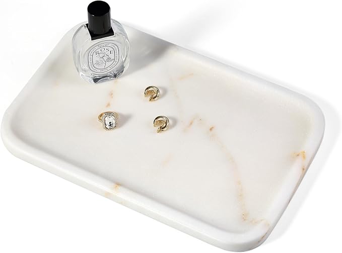 Koville Marble Tray, 12"x8" Natural Marble Vanity Tray for Countertop Bathroom Kitchen Dresser, Decorative Catchall Trays for Perfume Jewelry, Rectangular Stone Serving Tray(Golden Calacatta)