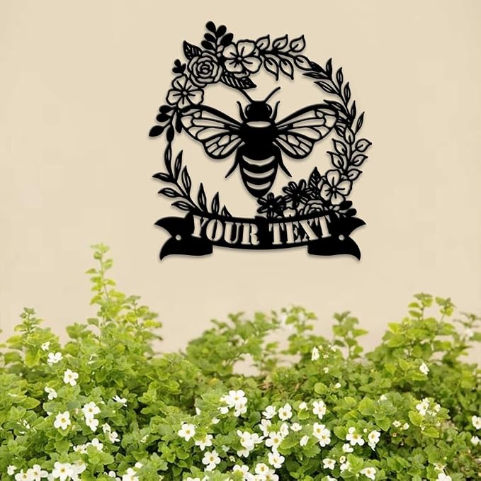 MeMate Personalized Metal Plaques, 8" - 24" Outdoor Decor, Bee & Flower Garden Signs, Rustic Shed Signs