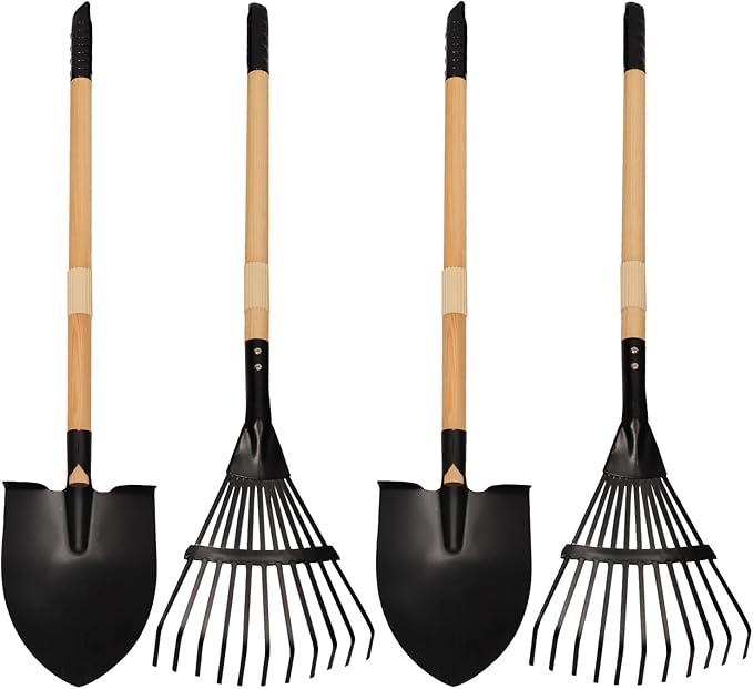 Kids Garden Tool Set, 4-Piece Rake and Shovel with Wooden Handles, 28 Inch Long, Black Metal Gardening Tools for Boys and Girls