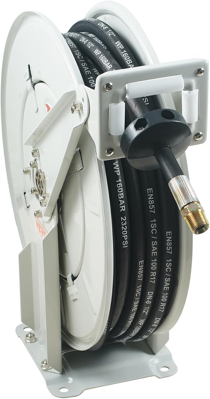 VEVOR Fuel Hose Reel, 1/4" x 50', Extra Long Retractable Grease Hose Reel, Spring Driven Auto Swivel Rewind, Heavy-Duty Carbon Steel Construction with Hose for Auto Repair, Heavy Industries, 5800 PSI