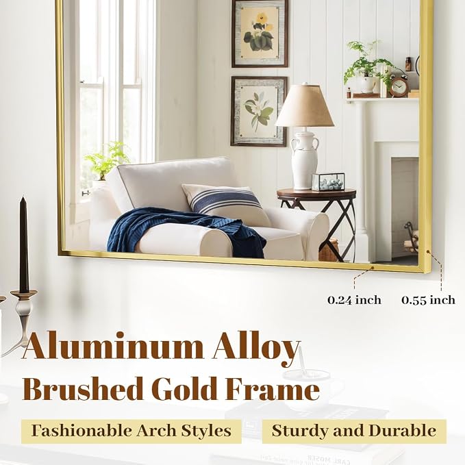 Wide Arched Wall Mirror, 38 x 40 inch Arch Bathroom Mirror Gold | Wall Mounted Bathroom Vanity Mirror with Arch Metal Frame, Modern Room Decor for Bedroom, Entryway, Hanging or Leaning