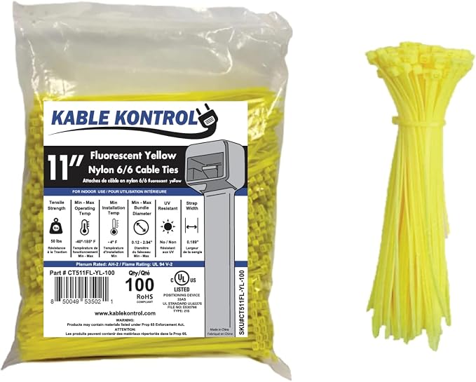 Kable Kontrol Fluorescent Yellow Zip Ties 11 Inch 100 Pcs, 50 Lbs Tensile Strength, Self-locking Nylon Colored Cable Ties Wire Wraps for Indoor or Outdoor Use…