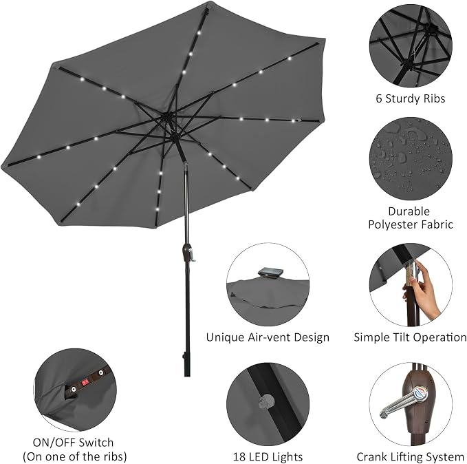 HAPPYGRILL 10FT Patio Umbrella with Lights Outdoor Solar Powered Sunbrella with Tilt Crank Umbrella for Garden Poolside Backyard Beach
