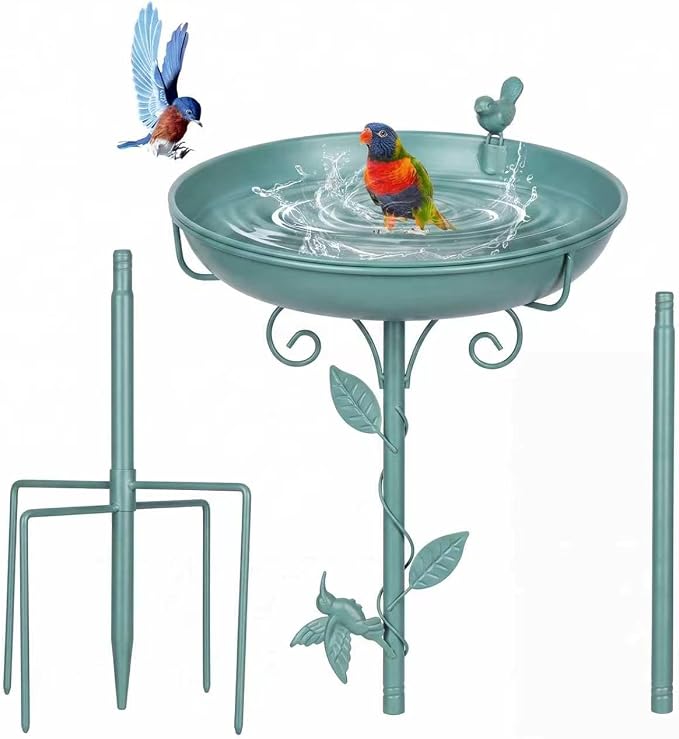Bird Bath for Outside 38.5 Inch Green Freestanding Garden Birdbath | Metal bird bath with floral scroll 5-Pronged Base Deep large bowl for birds drinking & bathing Yard patio landscape decor