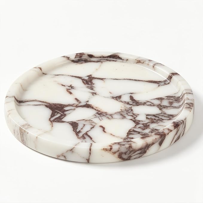 Natural Round Marble Tray - 7.8” Marble Perfume Tray for Dresser, Vanity, Bathroom, Decorative Jewelry Dish for Rings Earrings Necklaces, Stone Tray for Home Décor, Calacatta