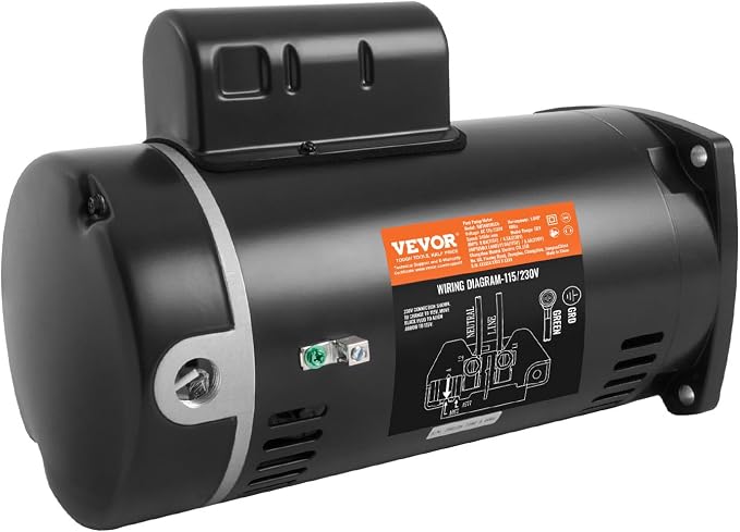 VEVOR 1 HP Pool Pump Motor, 3450 RPM High Speed, 115V (9.0 Amps) / 230V (4.5 Amps), 90μF/250V Capacitor, 1.25 SF, CCW Rotation, 56Y Square Flange Replacement Motor for Swimming Pools, Spa Centers