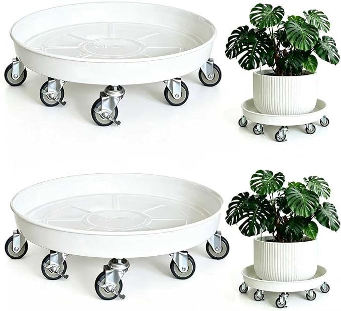 Rolling Planter Caddy(430lbs Capacity), Heavy Duty Metal Plant Stand with Brake Wheels Plant Dolly Mover Plant Pot Tray Saucer for Indoor Outdoor 16 Inches White 2Pack