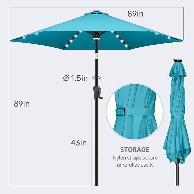 FLAME&SHADE 7.5 FT Solar Light Patio Umbrella, 24 LED Lights Outdoor Umbrella with Centre Surround Light, Table Umbrella Outdoor Patio for Deck, Pool, Backyard, Garden, UV Protection (Aqua Blue)