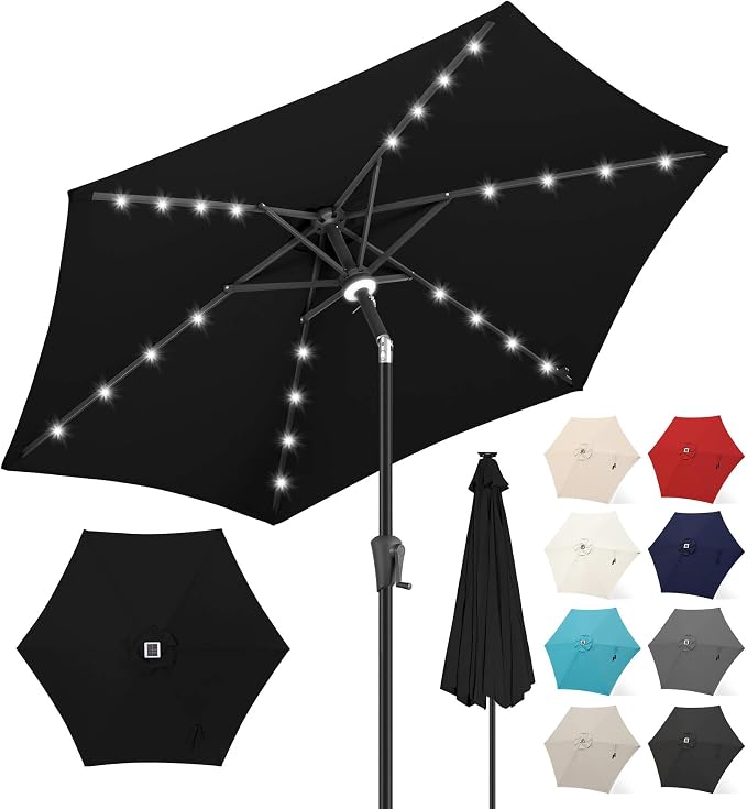 FLAME&SHADE 7.5 FT Solar Light Patio Umbrella, 24 LED Lights Outdoor Umbrella with Centre Surround Light, Table Umbrella Outdoor Patio for Deck, Pool, Backyard, Garden, UV Protection (Black)