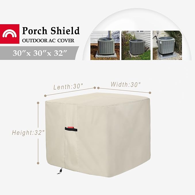 Porch Shield Waterproof AC Covers – Heavy Duty Square Air Conditioner Cover for Outside Unit Up to 30''L x 30'' x 32'', Tan