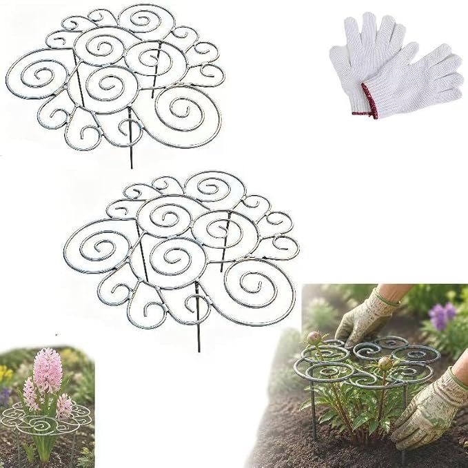 Metal Plant Support Ring for Garden, Heavy Duty Green Flower Hoop with Gardening Gloves, Peony Cage Stand for Outdoor Beds Indoor Pots, Grow Through Trellis 3 Sizes (2PCS, Large (17.3in Diameter))