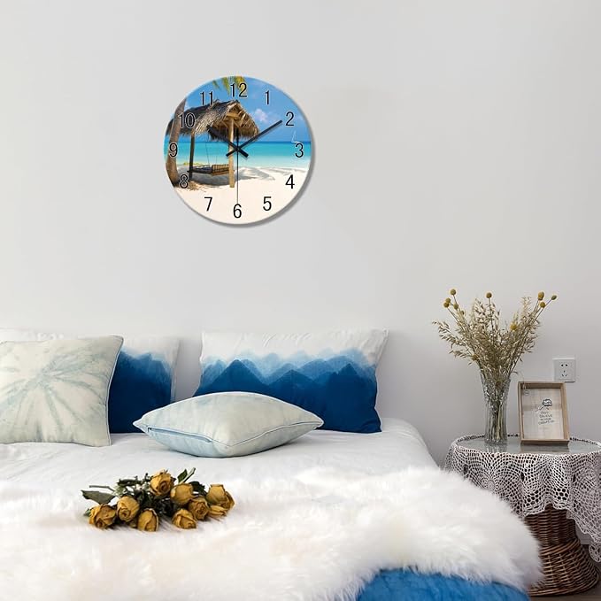 XFM Beach Wall Clock 14 Inch Blue Glass | Battery Operated Silent Non Ticking Hawaii Summer Tropical Coastal Decorative for Living Room Kitchen Bedroom Office