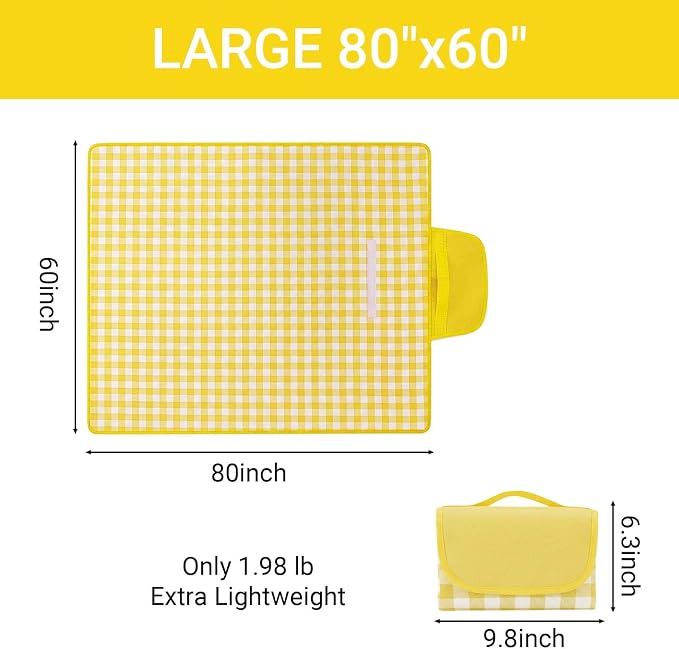 Waterproof Foldable Picnic Blanket Outdoor with Carry Strap,80"X60" Extra Large Beach Blanket Sandproof,Portable Soft Gingham Picnic Mat for Camping Travel Hiking Family Concerts Park(Yellow)