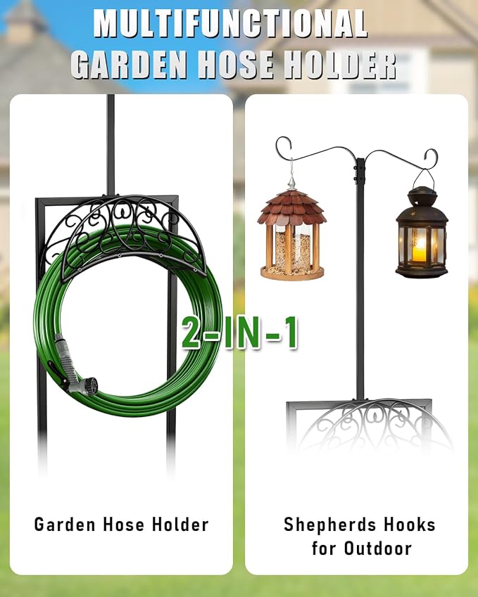 5-Spike Garden Hose Holder Freestanding with 2 Shepherds Hooks, Heavy Duty Water Hose Stand for Outside, Decorative Metal Hose Hanger Rack for Hanging Bird Feeders, Hose Storage for Yard