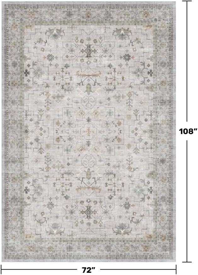 Washable Light Gray & Sage Living Room Rug 6x9 - Boho Geometric Area Rugs for Dining Under Table, Neutral Floral Bedroom Carpet, Modern Vintage Low Pile Stain Resistant