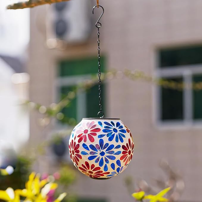 Solar Hanging Lanterns Glass Mosaic Gazing Ball Globe Blue Red Hanging Lantern Lights Outdoor Waterproof for Garden Yard Patio Home Decor (Flowers)