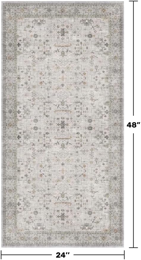 Boho Bathroom Rug 2x4 - Washable Low Pile Area Rugs for Entryway Door Mat Indoor Entrance, Soft Small Throw Kitchen Carpet, Modern Vintage Light Gray & Sage Eclectic Geometric Floral Décor