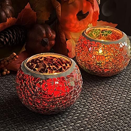 SHMILMH Mosaic Glass Candle Holder Set of 4, Votive Candle Holders Handmade Cracked Tealight Holders for Fall Christmas Diwali Home Decorations, Diwali Gift - Image 4