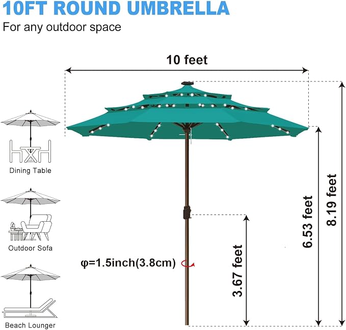 Eurmax USA 10-Year-Non-Fading 10FT 3-Tier Outdoor Patio Market Umbrella with LED Lights,UPF50+ UV Resistant,Commercial Grade,Crank Lift Design,Windproof Vented Top for Garden,Pool,Deck,Teal