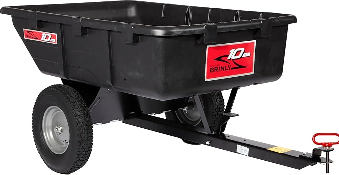 Brinly 10 cu.ft. 650lb Heavy Duty Tow-Behind Poly Utility Cart & Dump Trailer with Magnetic Hitch Pin & Compression Molded Bed